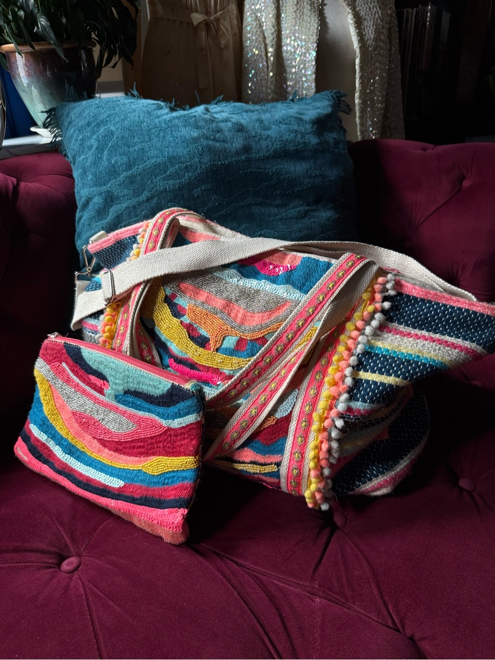 America & Beyond - Chloe Colorful Embellished Tote and Clutch